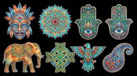 Colorful ethnic symbols set isolated on transparent background, including tribal mask, mandala, hamsa, elephant, celtic cross, eagle, and paisley for clipart, stickers, t-shirt design.