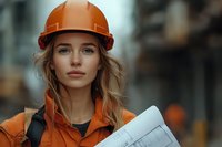 Young female construction engineer in orange protective workwear and hardhat holding blueprints at construction site, professional portrait with soft natural lighting.