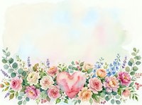 Watercolor floral border with pink heart centerpiece, roses and eucalyptus leaves on soft pastel background for romantic wedding invitations and greeting cards.