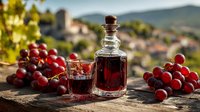 Traditional homemade red wine in glass decanter and small glass surrounded by fresh red grapes with picturesque Italian village and mountains in background.