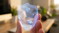 Transparent holographic shield with digital security icons floating above hand in modern office environment for cybersecurity and data protection concepts.
