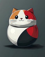 Cute cartoon calico cat with round body and minimalist design on dark gray background, ideal for children's products and pet-themed projects.