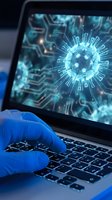 Medical researcher in blue gloves analyzing virus structure on laptop screen for scientific research and healthcare education purposes.
