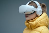 Young woman wearing VR headset and yellow jacket experiencing virtual reality technology for gaming and entertainment applications.