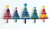 Colorful quilled paper Christmas trees in row with stars on top, handmade holiday decorations on white background. Festive winter craft design.