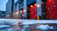 Snowy winter evening cityscape with blurred street lights reflecting on wet pavement, falling snowflakes creating magical urban atmosphere.