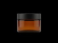 Amber glass jar with black lid isolated on transparent background, ready for cosmetic branding, sticker, label mockup, print on demand, and T-shirt design use.