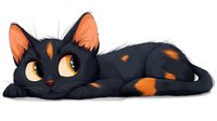 Black and orange tortoiseshell cat with large golden eyes lying down in relaxed pose, cartoon style illustration on white background, suitable for children's books.