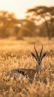 Young male impala antelope with curved horns standing in golden savanna grassland during warm sunset light with acacia trees in blurred background.