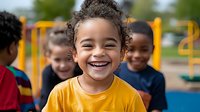 Joyful child with curly hair wearing yellow t-shirt laughing at playground with diverse group of friends playing outdoors on sunny day, expressing pure happiness.