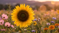 Bright yellow sunflower blooming in colorful wildflower meadow at golden hour sunset with mountains in background for nature and agriculture concepts.
