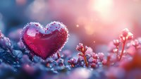 Red heart-shaped crystal covered in frost against blurred winter nature background with tiny frozen plants and magical bokeh lights in pink and blue tones.