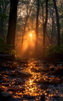 Magical golden sunlight breaking through forest trees at sunset, creating sparkles on wet autumn path. Perfect for nature photography, book covers and inspirational designs.