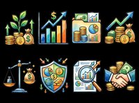 Colorful financial growth icons set isolated on transparent background, featuring coins, charts, plants, and business symbols ready for t-shirts, clipart, stickers, and print-on-demand designs.