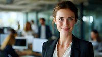 Young Caucasian businesswoman in black blazer smiling confidently in modern office environment with coworkers and computers in background, professional corporate portrait.