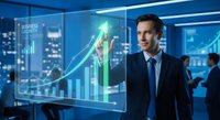 Professional businessman analyzing financial growth data on futuristic holographic display in modern corporate office environment with rising charts and graphs.