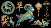 Year of the goat zodiac sign collection with decorative Asian ornaments, lanterns, and floral elements isolated on transparent background. Ready for t-shirt design, clipart, stickers, sublimation, and print-on-demand products.