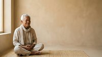 Senior man with gray hair and dark skin, wearing casual beige clothing, sitting cross-legged on wooden floor in meditative pose against neutral wall. Suitable for wellness, mindfulness, and lifestyle content.
