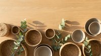 Eco-friendly tableware collection with natural fiber plates, bowls and cups arranged on wooden surface with eucalyptus branches for sustainable dining.