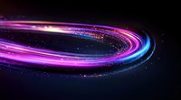 Glowing neon light trails forming curved path in dark space with sparkles and particles. Dynamic motion effect with pink and blue luminous streaks.