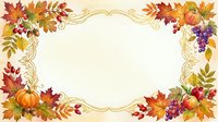 Autumn harvest frame with fall foliage, pumpkins, grapes, and berries arranged in decorative corners on cream background for seasonal designs.