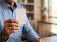 Middle-aged man with medium skin tone wearing light blue shirt holding blank white card in office environment for business messaging and corporate communication.