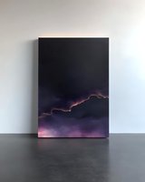 Dramatic volcanic landscape with glowing lava flow cutting through dark storm clouds and purple atmospheric haze, suitable for wall art and modern decor.