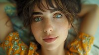 Young woman with freckles, green eyes and natural makeup smiling gently at camera. Wearing yellow floral pattern dress. Soft natural lighting creates dreamy atmosphere.