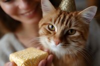 Curious ginger cat sniffing fresh bread slice while young woman holds it, showing natural feline food interest behavior in cozy home setting. Close up portrait.