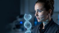 Female scientist examining holographic DNA double helix model in modern laboratory for genetic research and biotechnology innovation.