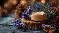Aromatic candle on wooden slice surrounded by purple berries, pine cones and evergreen branches creating cozy winter holiday atmosphere for home decor.