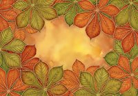 Autumn foliage frame with watercolor leaves in orange and green tones surrounding warm yellow center space, ideal for fall seasonal designs and backgrounds.