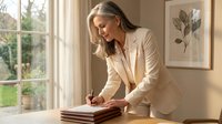 Professional blonde businesswoman in beige suit writing documents at desk near window in modern office interior for corporate and business concepts.