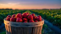 Fresh ripe strawberries in wooden basket at sunset on farm field. Organic berry harvest concept for healthy eating and agriculture marketing materials.