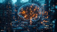 Glowing neural network brain visualization floating above futuristic night cityscape with digital connections and orange light effects representing artificial intelligence.