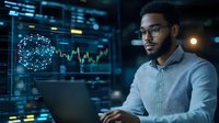 Young African American male professional wearing glasses works at computer with digital analytics and network visualization displays in dark office environment.