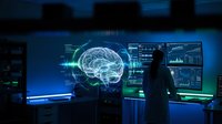 Scientist in white coat studies glowing brain hologram in dark high-tech lab with multiple data screens, exploring AI and neuroscience.
