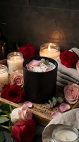 Romantic spa setting with black candle, rose petals, eucalyptus leaves surrounded by red and pink roses, burning candles and soft towels for relaxation.