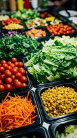 Fresh produce display with assorted vegetables in black containers at farmers market or grocery store. Includes tomatoes, lettuce, corn, carrots and leafy greens for healthy eating and meal preparation.