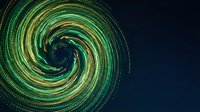 Abstract green spiral vortex with glowing particles and light trails on dark background for digital art, technology concepts, and futuristic designs.