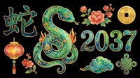 Chinese New Year 2037 Year of the Snake clipart set with lantern, coin, flowers, clouds, and knot, isolated on transparent background, for t-shirts and print on demand.