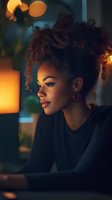 Young African American woman with natural curly hair in profile view against warm evening lighting, wearing black sweater and subtle makeup for fashion and lifestyle content.