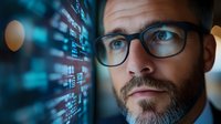 Middle-aged Caucasian male software developer with glasses analyzing digital data on computer screen in modern tech office environment for business presentations.