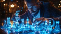 Caucasian bearded man playing glowing blue glass chess pieces in dark setting with bokeh lights, strategic thinking concept shown through dramatic lighting.