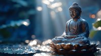 Bronze Buddha statue in meditation pose with divine light rays creating peaceful spiritual atmosphere for mindfulness and zen practices.