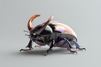 Metallic rhinoceros beetle with iridescent copper and purple reflections on glossy exoskeleton against neutral gray background, side view macro photography.