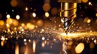 Industrial drill bit with bright sparks and golden bokeh lights against dark background, metalworking process creates dramatic lighting effect and reflection on metal surface.