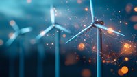 Wind turbines with glowing network connections and energy technology and smart grid systems.