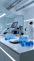 Modern laboratory microscope with blue chemical solutions in glassware on white counter, scientist working in sterile research facility background.