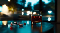 Glass of whiskey with scattered pills on dark table against blurred night lights background, depicting substance abuse and addiction dangers.